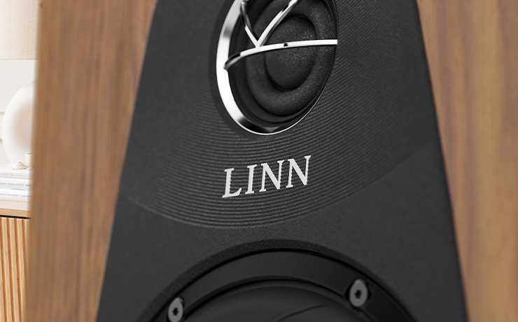 a close-up view of the front of a walnut Linn 150 speaker