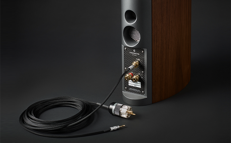 Audiovector Freedom Concept for R1, R3, R6 Arreté coiled and plugged into the rear of an Audiovector speaker.