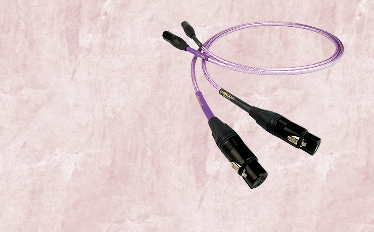 Nordost Frey 2 Analogue Interconnect.  Background is a salmon marble pattern.