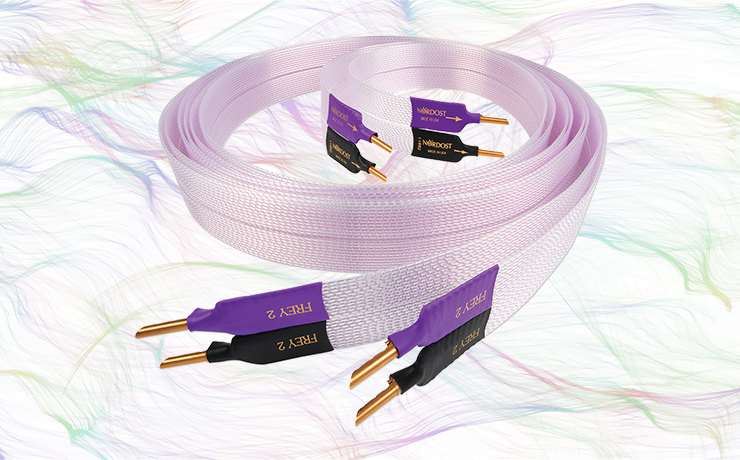 Nordost Frey 2 Speaker Cable.  Background is thin, colourful lines