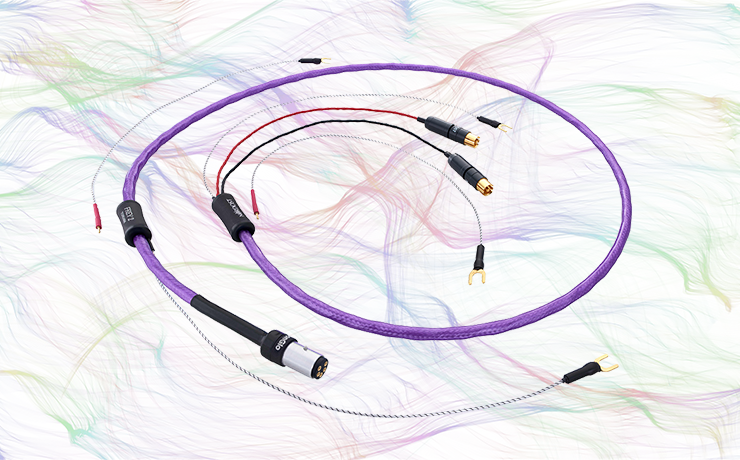 Nordost Frey 2 Tonearm Cable + on a background of thin, colourful lines