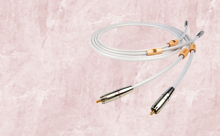 Nordost Valhalla 2 Analogue Interconnect.  Background is a salmon marble pattern.