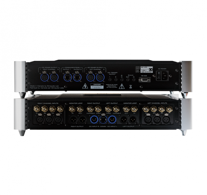 Moon 850P Dual Chassis Reference Balanced Preamplifier rear view.