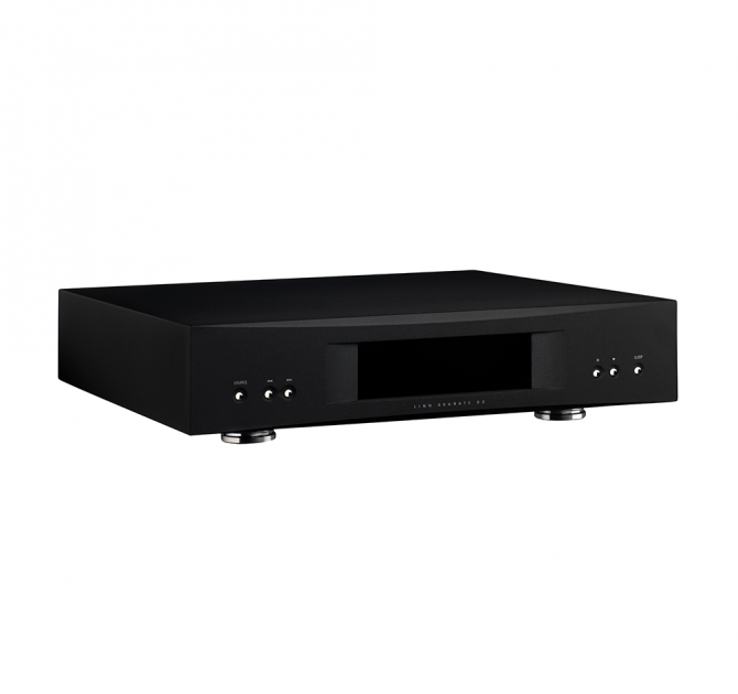 Linn Akurate DS in black, front, side and top view.