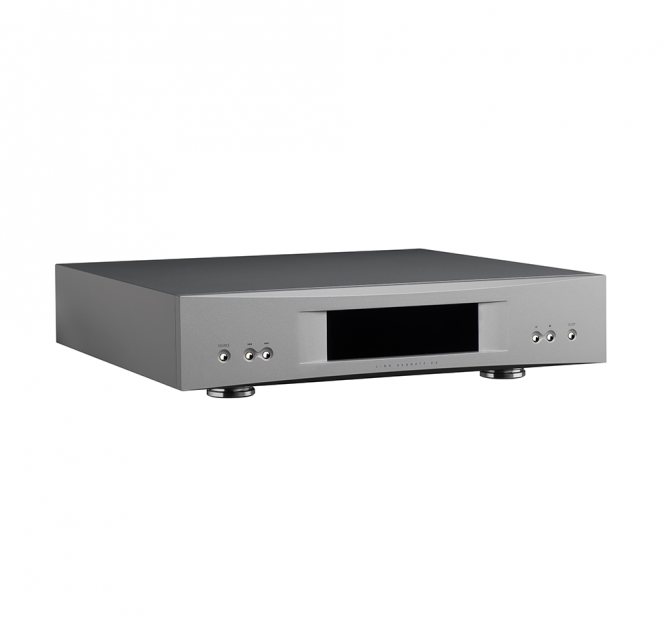Linn Akurate DS in silver, front, top and side view.