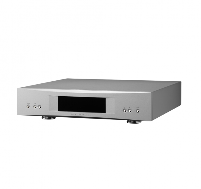 Linn Akurate DS in silver, front, top and side view.