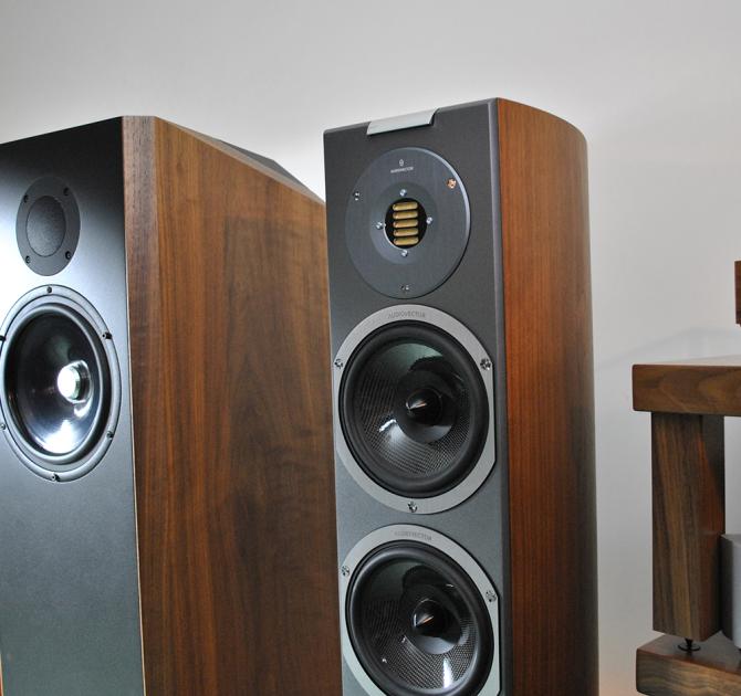 One of our Audiovector R3 Arreté speakers beside a Kudos Titan 707 speaker.