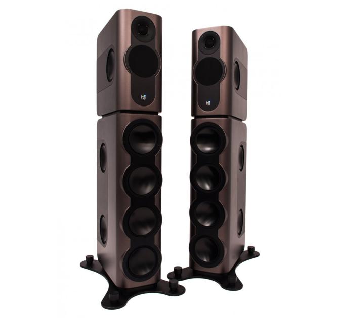 A pair of tall Kii speakers in a bronze colour