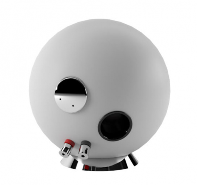 Cabasse Baltic 5 Sub System (on base) in white.  Rear view.