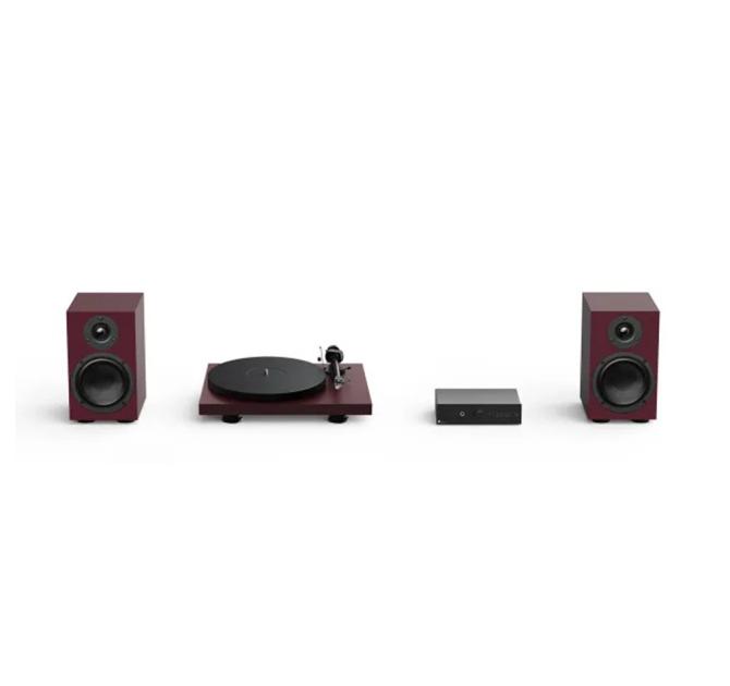 Two speakers and a turntable in wine red with a Project Maia S3