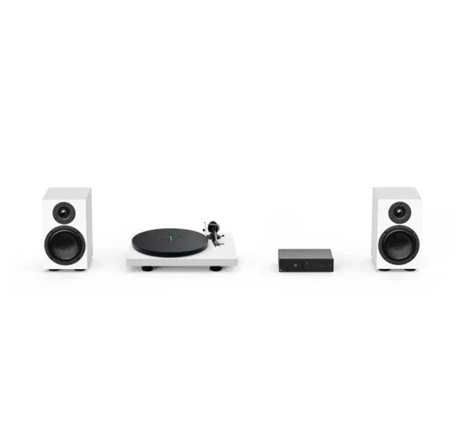 Two speakers and a turntable in white with a Project Maia S3