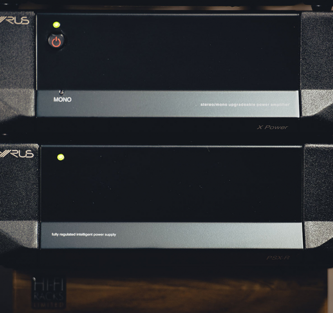 Cyrus X Power Amplifier stacked with another piece of Cyrus equipment.