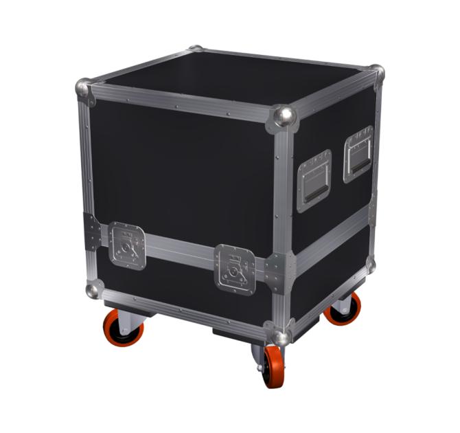 A black rigid case on orange wheels.