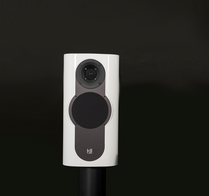 A single Kii Three Loudspeaker in gloss white