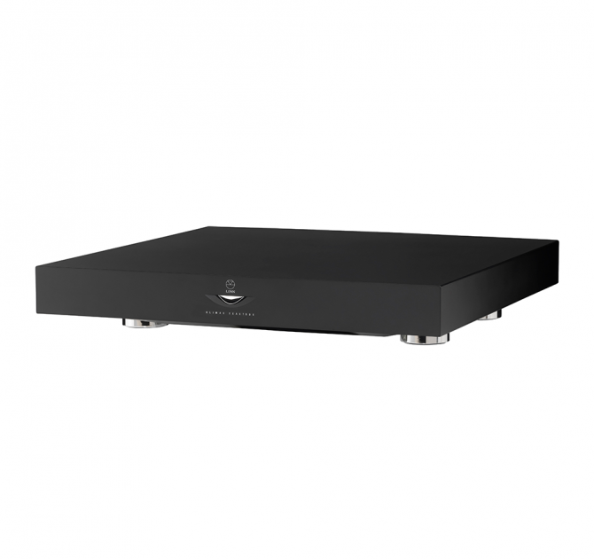 Linn Klimax ExaktBox in black, front, side and top view.