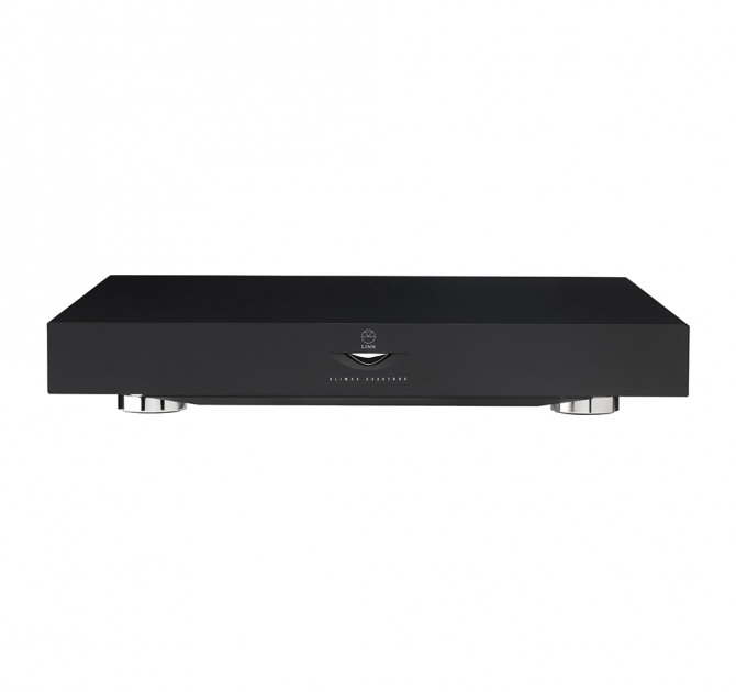 Linn Klimax ExaktBox in black, front and top view.