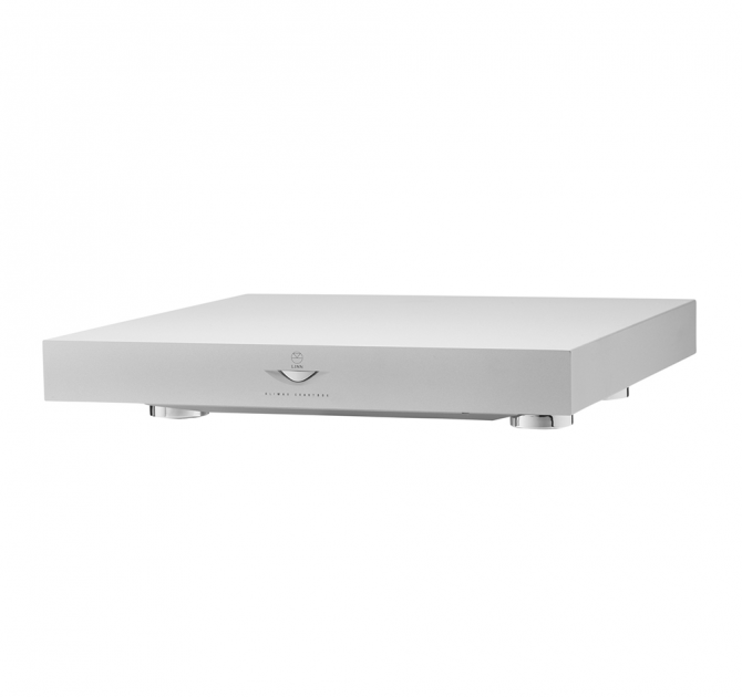 Linn Klimax ExaktBox in silver, front, side and top view.