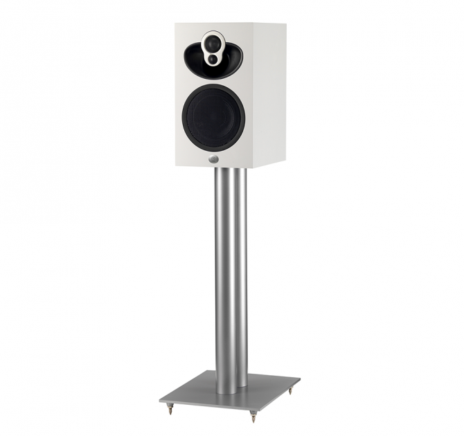 Linn Majik 109 Stand in silver with a Linn Majik 109 speaker.