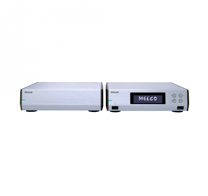 Melco N10/2 Digital Music Library in silver.  The two boxes are beside each other