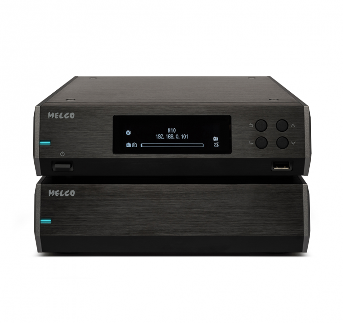 Melco N10/2 Digital Music Library in black.  One on top of the other.