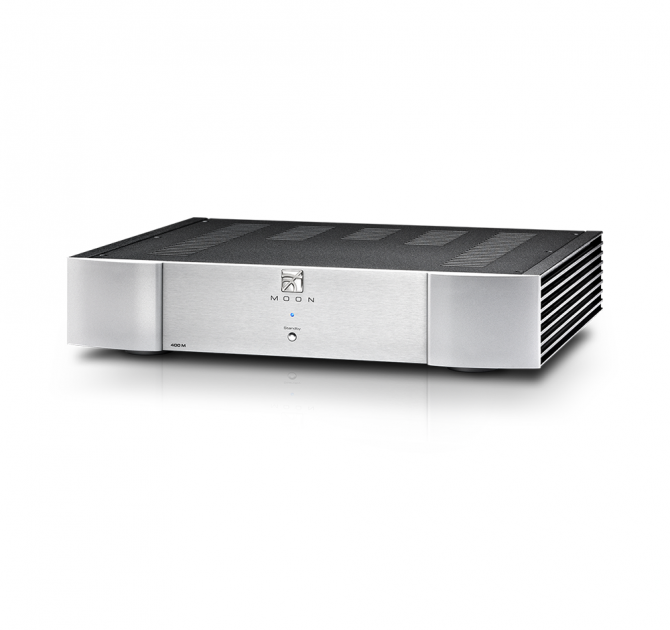 Moon 400M Mono Power Amplifier (Pair) in silver.