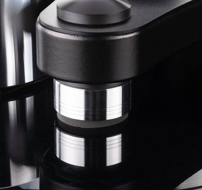VPI Prime 21 Plus Turntable in black.  Close-up of a corner.