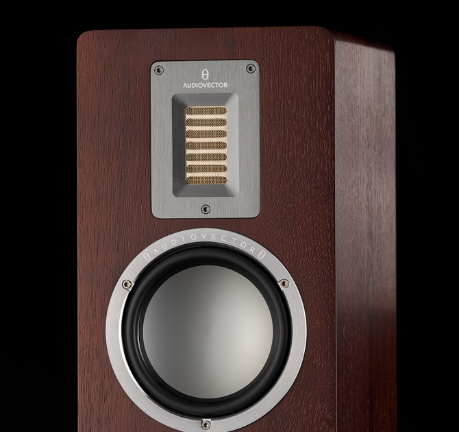 Audiovector QR5 close-up of the top of a dark walnut speaker