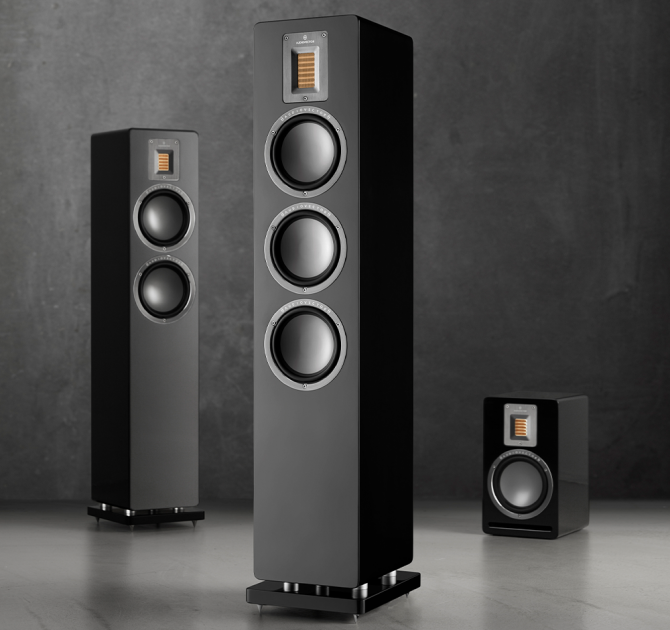 Audiovector QR5 with QR3 and QR1.  All in black against a dark background