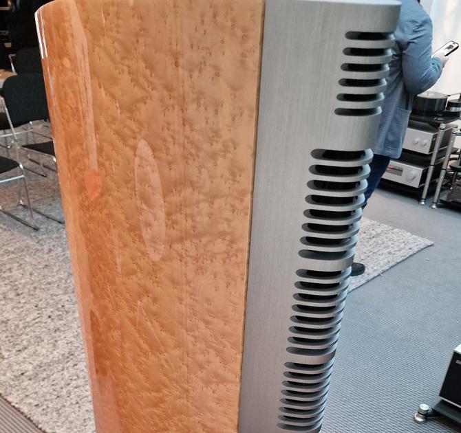 An Audiovector R10 Arreté Loudspeaker - rear top view of the Canadian Maple finish.  Photo taken at the Munich HiFi Show in 2025