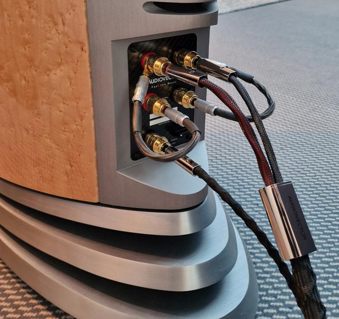 An Audiovector R10 Arreté Loudspeaker - view of the bottom of the rear of the speaker with cables plugged in.  Photo taken at the Munich HiFi Show in 2025