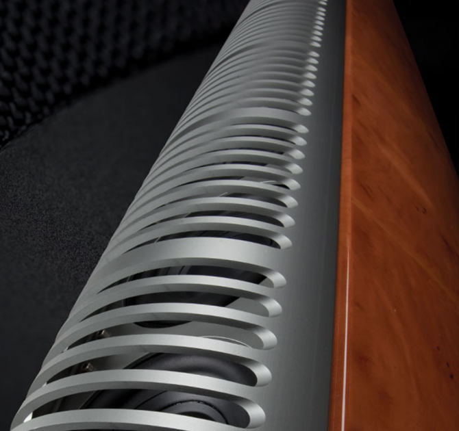 Audiovector R11 Arreté Loudspeaker in Madrona Burl.  View of the back grille
