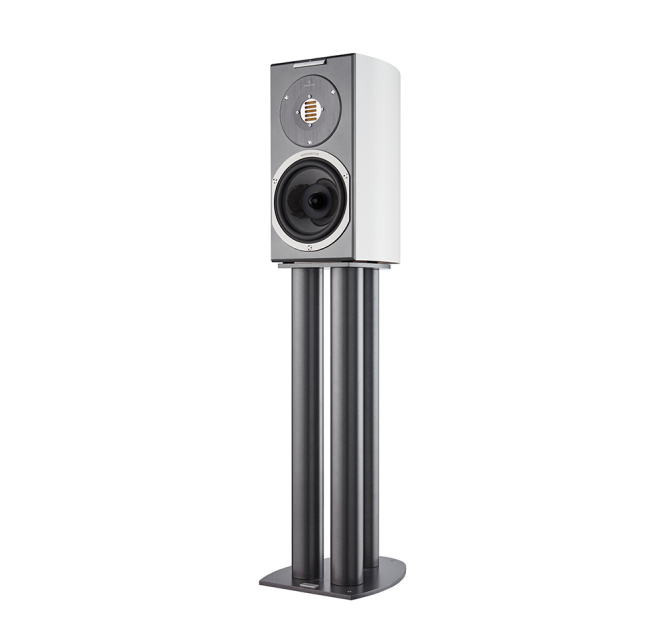 A bookshelf sized speaker on a grey stand