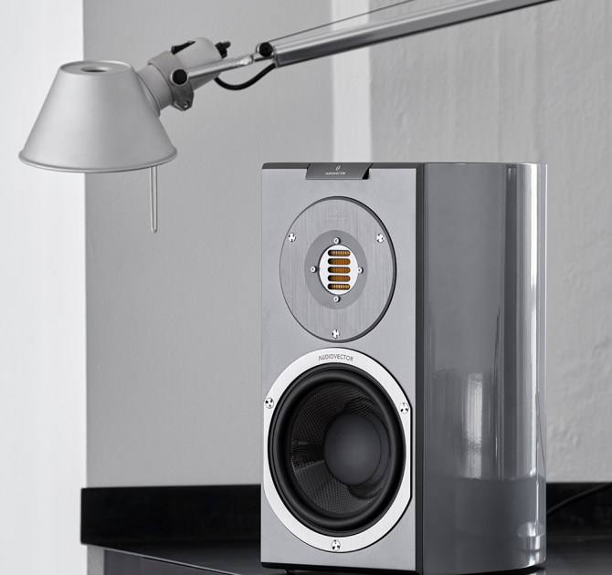 Audiovector R1 Avantgarde in custom grey with a lamp over it