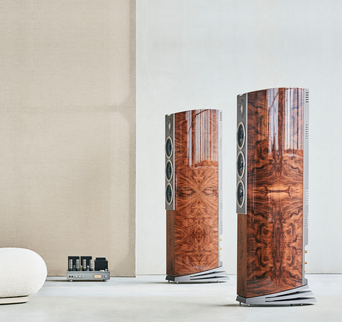 A pair of Audiovector R8 Arreté Loudspeakers in Italian Walnut Burl