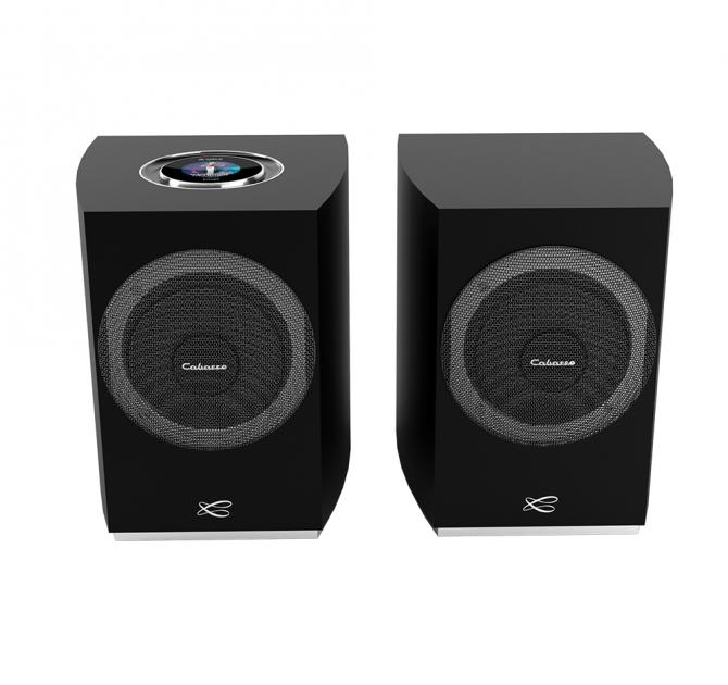 A pair of Cabasse Rialto Loudspeakers in black viewed from the front