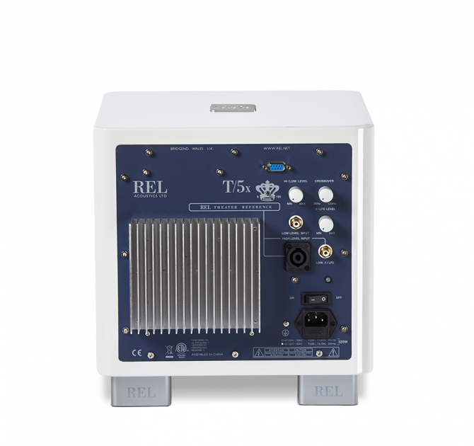 REL T/5x Sub-woofer in white, rear view