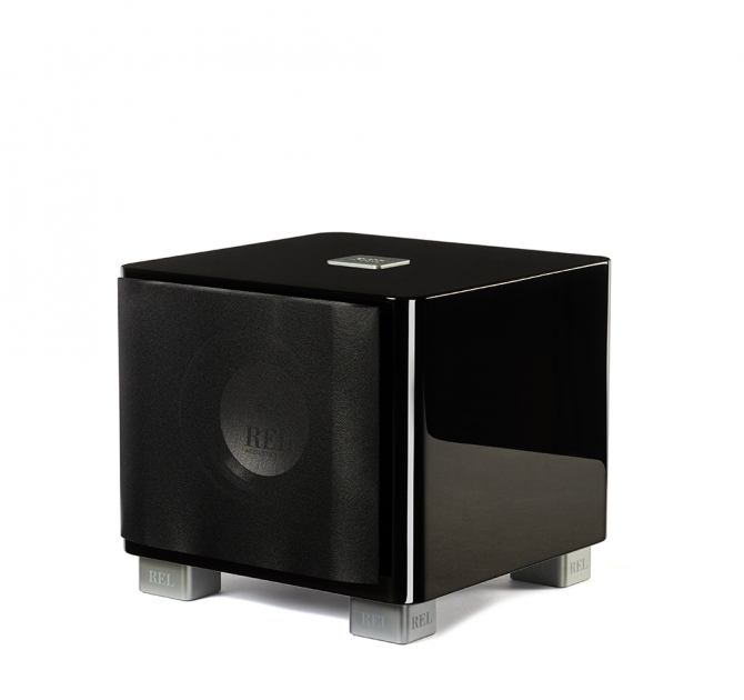 REL T/7x Sub-woofer in black, front, side and top view