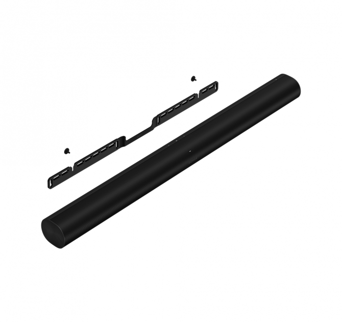 Sonos Arc Wall Mount Black at a diagonal with the Arc beside it