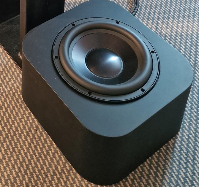 Grimm Audio LS1s Subwoofer on a carpet at the Munich HiFi Show