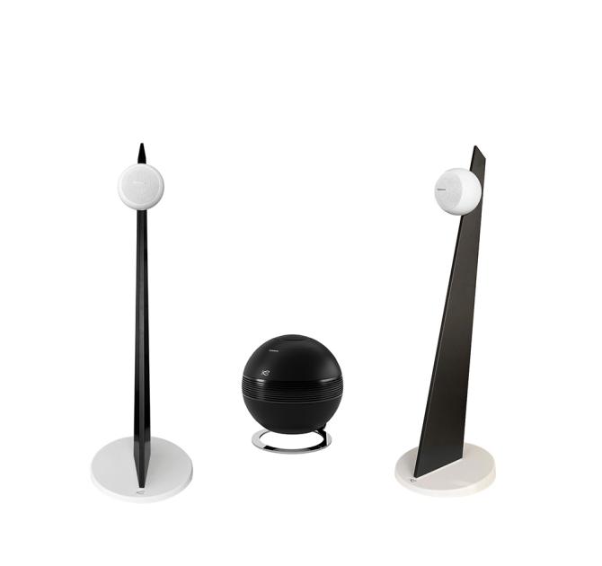 Cabasse iO3 speakers in white with black stands with a pearl sub