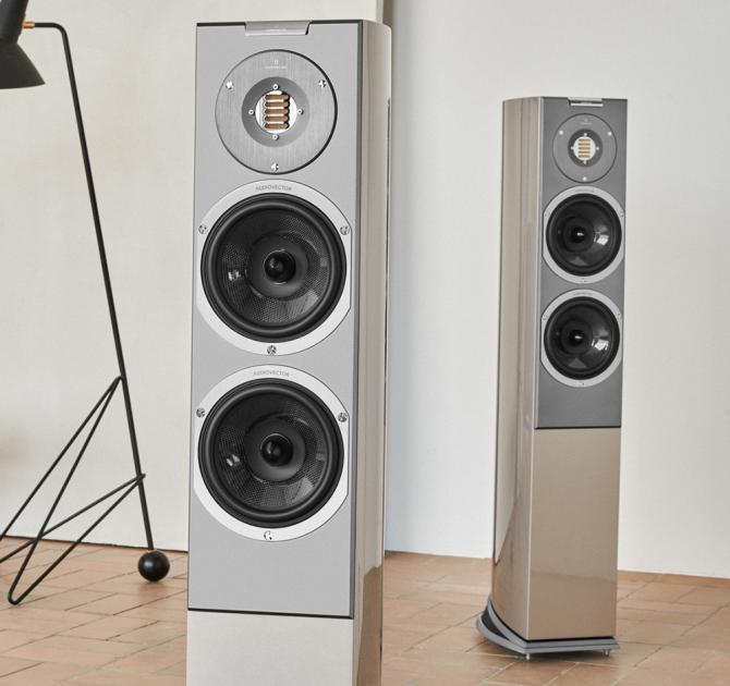 A pair of tall, slim speakers on a wooden floor with a lamp to the left of the image - a tall angled style lamp
