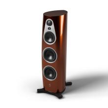 Linn 360 speakers in a high gloss dark amber colour