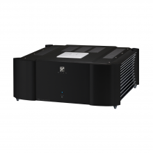 MOON 860A v2 Dual Mono Reference Two-Channel Power Amplifier.  Front, top and side view.