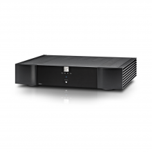 MOON 330A Stereo Balanced Power Amplifier in black.  Front, top and side view.
