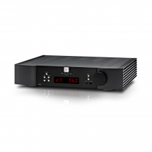 MOON 340i D3PX Stereo Integrated Amplifier in black.  Front, top and side view.