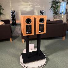A pair of oak Linn 119 Loudspeakers in the ripcaster showroom