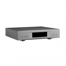 Linn Akurate DS in silver, front, top and side view.
