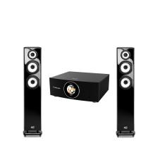 A pair of Cabasse JAVA MC40 speakers with the Cabasse AMP 240 S.  All three items are black.