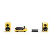 Two speakers and a turntable in yellow with a Project Maia S3