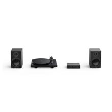 Two speakers and a turntable in black with a Project Maia S3
